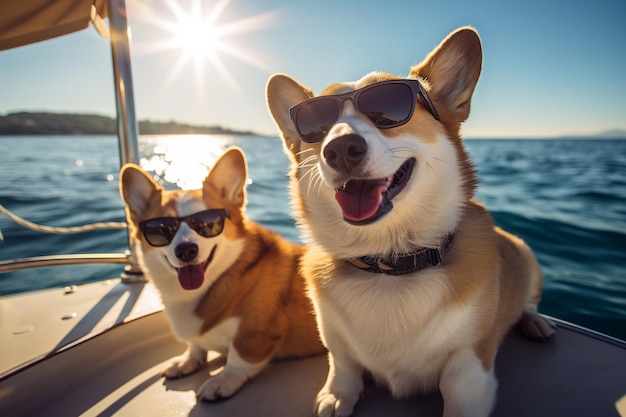 Des chiens corgi humoristiques portant des lunettes de soleil s'amusant