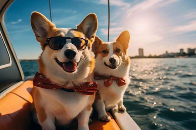 Des chiens corgi humoristiques portant des lunettes de soleil s'amusant