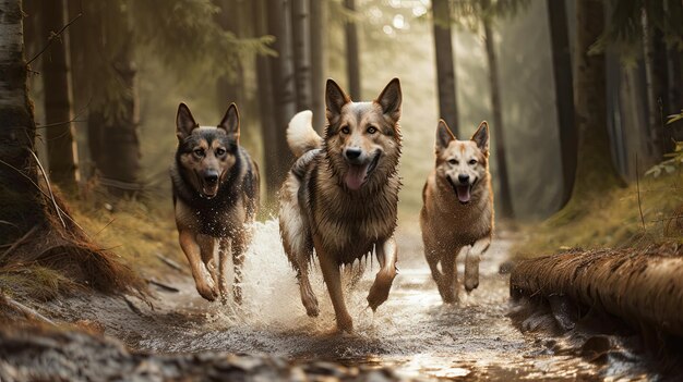 Chiens courant dans une forêt avec l'un d'eux disant "bergers allemands"