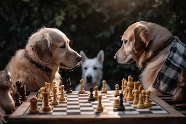 Les chiens du Labrador jouent aux échecs dans la nature générative ai