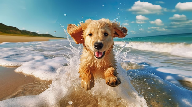 Chiens jouant et courant sur la plage