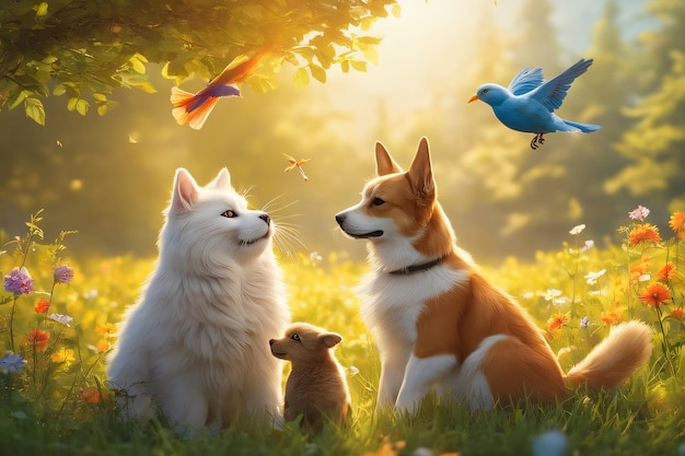 Des chiens joyeux et des oiseaux colorés se rassemblent en parfaite harmonie