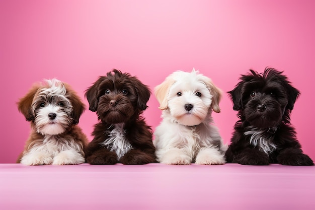 Des chiens mignons et bien entretenus sur un fond rose, un magasin d'animaux et une clinique vétérinaire.