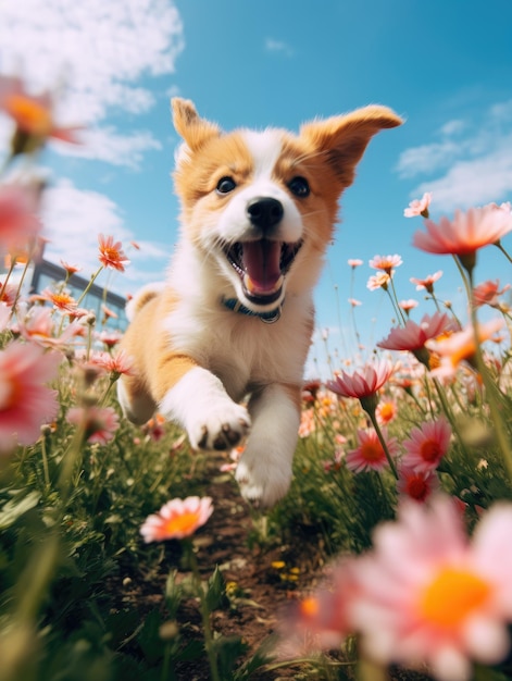 chiens mignons courant et sautant dans le magnifique jardin fleuri