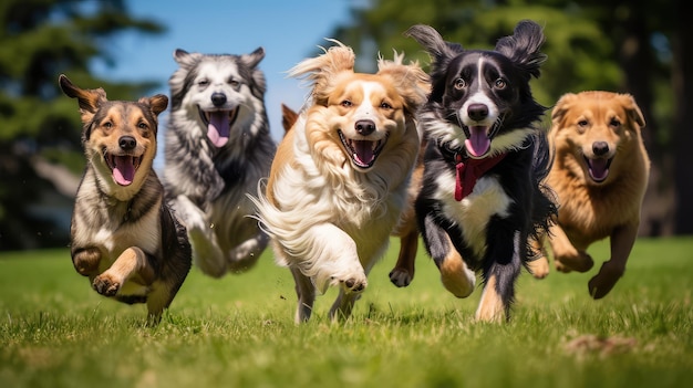 Des chiens de parc jouant dehors.