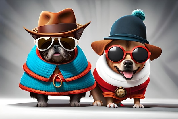 Des chiens portant des costumes, des chapeaux et des lunettes de soleil.