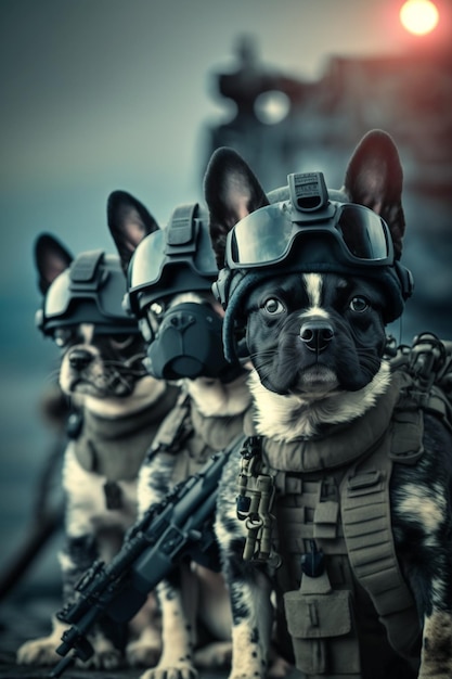 Les chiens portent des casques et se tiennent devant un navire ai génératif