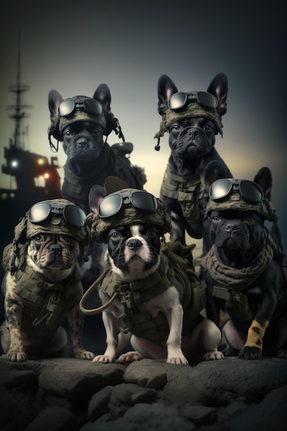 Les chiens portent des uniformes militaires et des lunettes générative ai