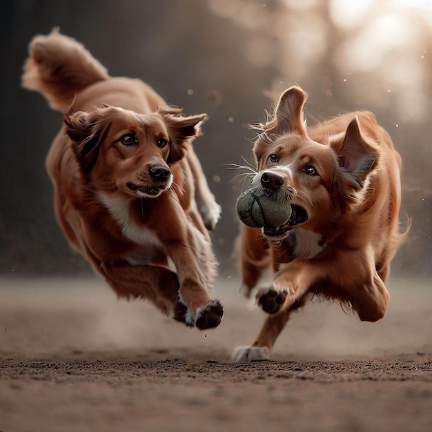 Des chiens qui jouent, des chiots mignons, des sports qui jouent avec un ballon.