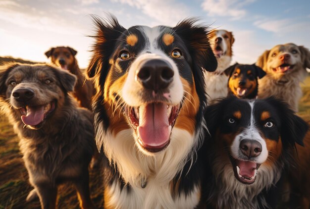 chiens de race mixte avec la langue pendante et un visage heureux au coucher du soleil Randonnée avec un chien