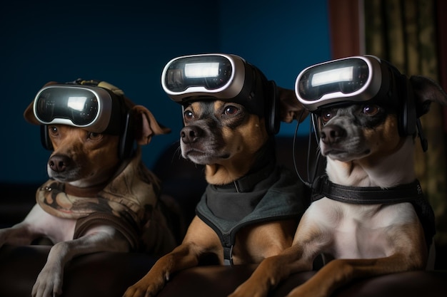 Photo des chiens regardent un film sur le canapé avec des casques de réalité virtuelle vr