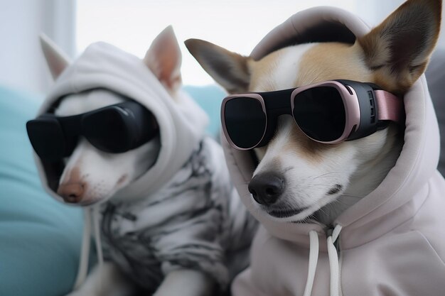 Des chiens regardent un film sur le canapé avec des casques de réalité virtuelle VR