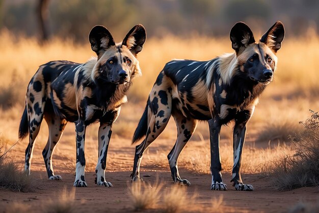 Photo chiens sauvages africains lycaon pictus errant dans la lueur du soir ai générative