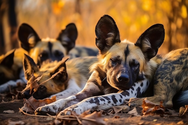 Chiens sauvages africains se reposant après une chasse