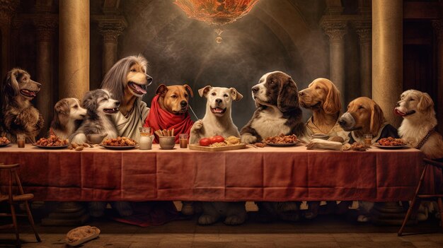 Photo des chiens sont assis à une table avec de la nourriture et des boissons