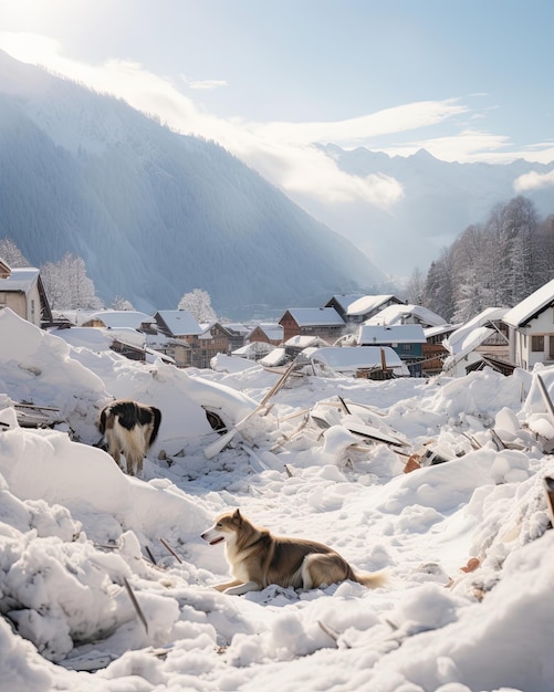 des chiens sont vus dans la neige.