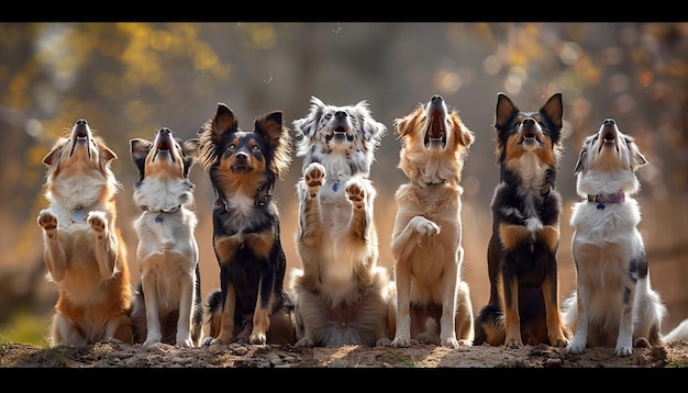 Photo des chiens à la trappe assis en rangée dans les bois avec leur tête en l'air.