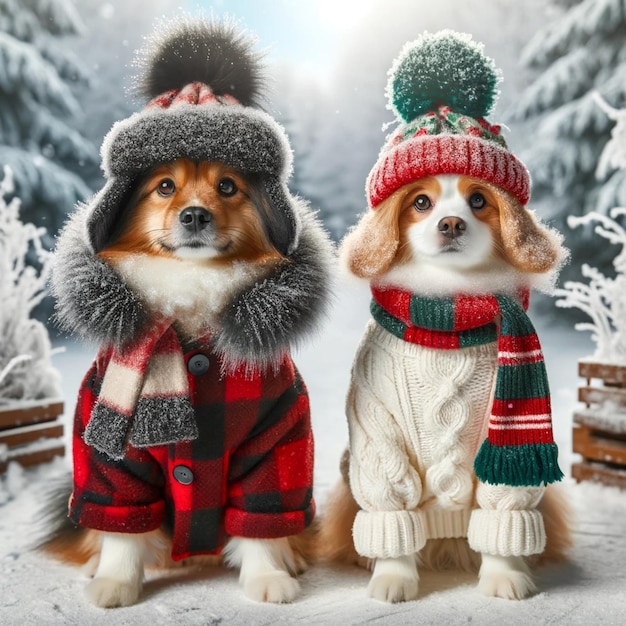 chiens vêtus de vêtements d'hiver