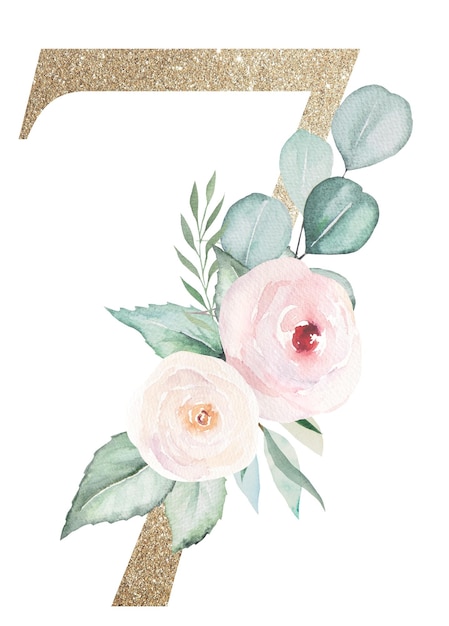 Chiffre doré clair 7 avec des roses et des feuilles aquarelles Alphabet floral pastel