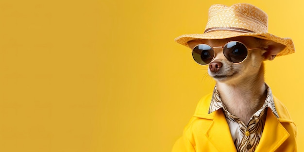 Chihuahua à l'air cool portant une robe de mode funky espace pour le texte à droite AI générative