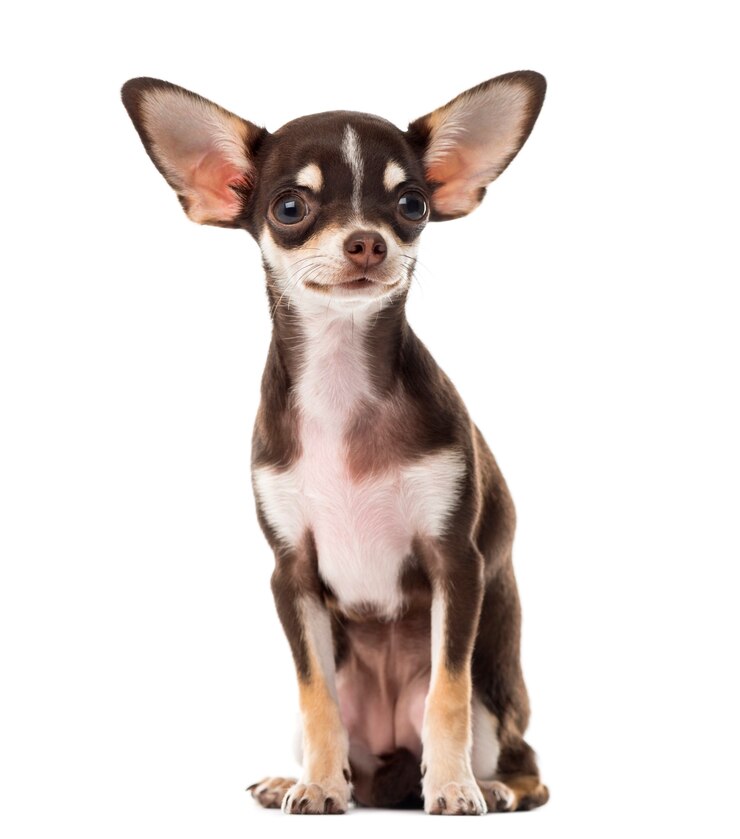 Photo chihuahua assis devant un mur blanc