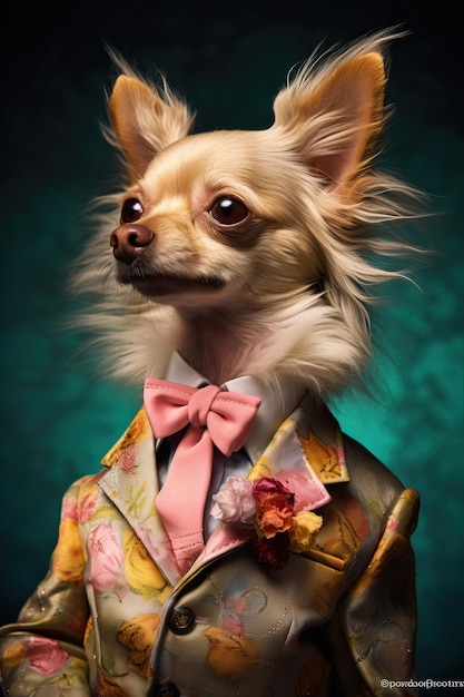 Chihuahua chien vêtu d'un costume moderne élégant avec une bonne cravate Portrait de mode d'un