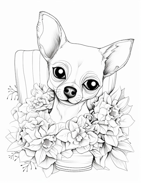 Chihuahua dans un pot avec des fleurs sur le devant