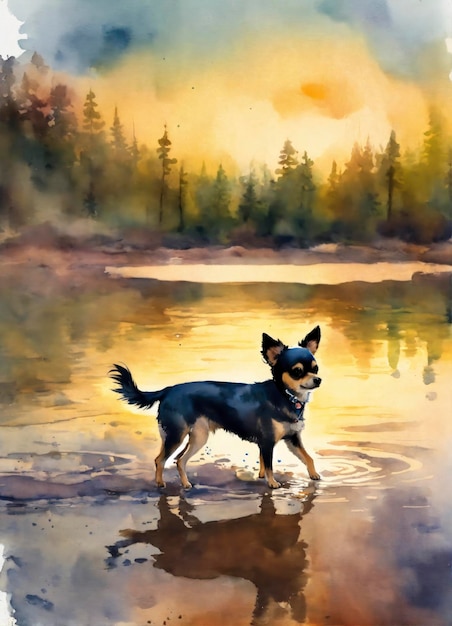 Photo chihuahua dans le style de l'aquarelle du lac