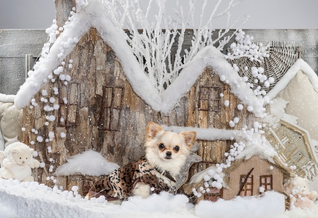 Chihuahua devant un décor de Noël