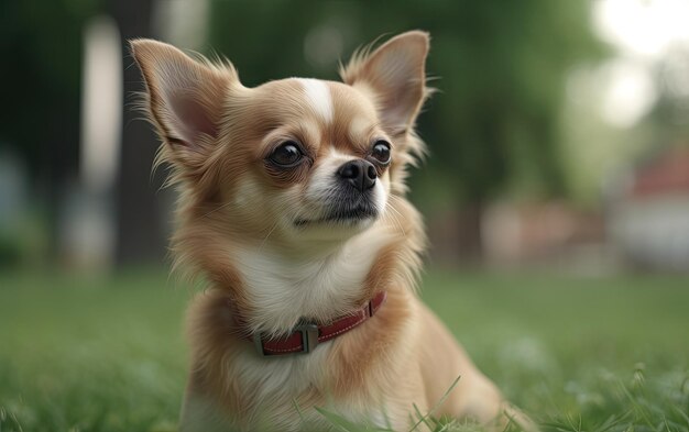 Chihuahua est assis sur l'herbe dans le parc poste de publicité professionnelle photo ai généré