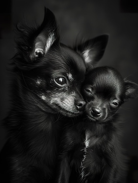 Chihuahua noir adulte et chiot en gros plan Parent et chiot partagent un moment tendre en noir et blanc