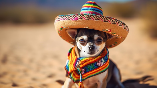 Chihuahua portant un sombrero sur la plage