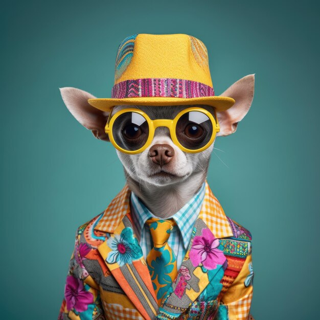 Un Chihuahua portant des vêtements et un chapeau vibrants se tient contre le fond dans un studio