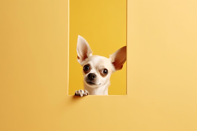 Un Chihuahua regarde à travers un mur coloré