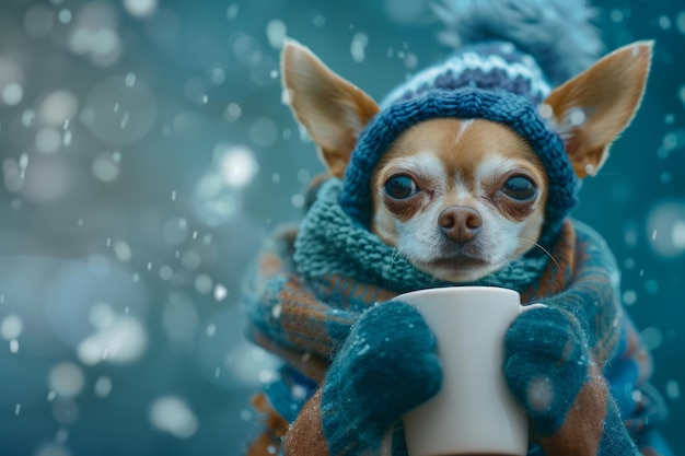 Un chihuahua avec une tasse de café chaud