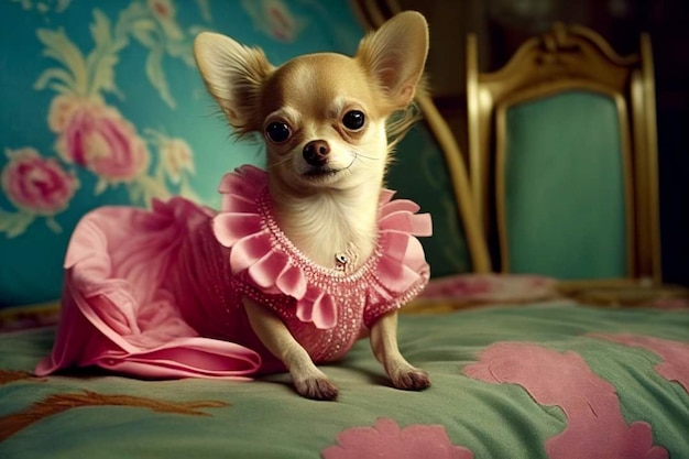 Un chihuahua vêtu d'une robe rose est assis sur un canapé.