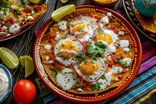 Des chilaquiles servis sur une plaque de poterie mexicaine vibrante