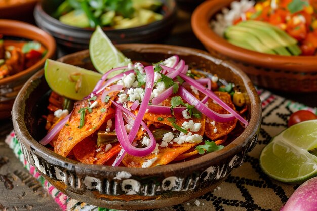 Les chilaquiles sont servis avec des coins de citron vert pour le pressage