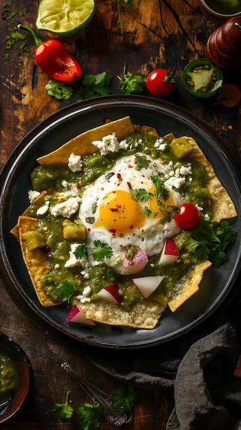 Des chilaquiles verdes mexicains authentiques dans un plat en terre cuite