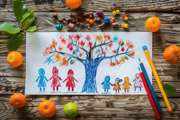 Child39s dessin coloré de l'arbre généalogique avec des crayons Child39s œuvre d'art d'un arbre général crayons colorés et fruits frais sur une table en bois