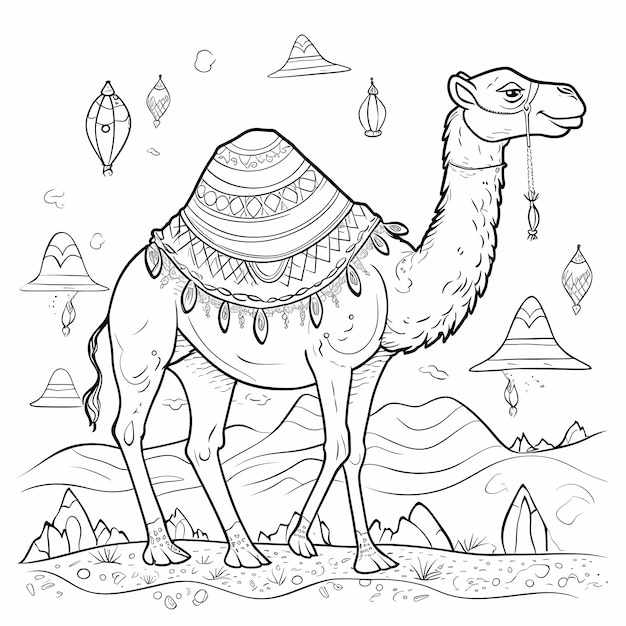 Photo childfriendly baby camel adventure page à colorier en noir et blanc avec un dessin animé mignon