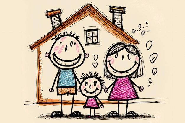 Photo childs dessinant une illustration numérique créative de famille heureuse