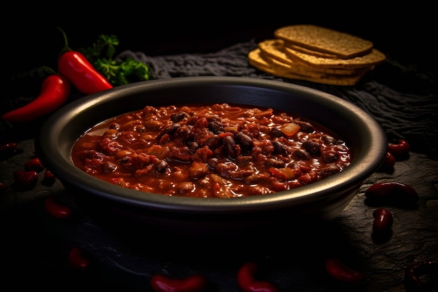 Photo chili con carne sur plaque noire sur fond noir chili cuisine mexicaine ai généré épicé