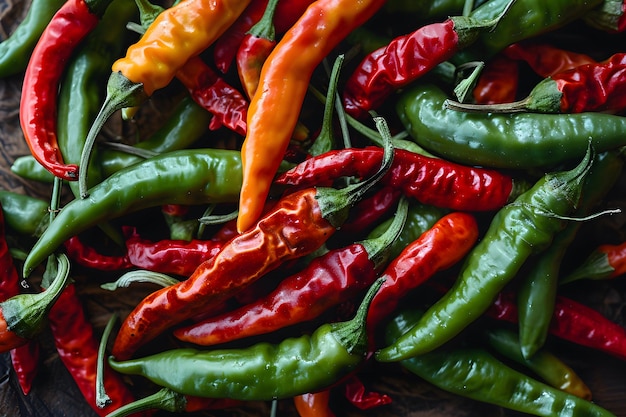 Photo chili medley vibrant macro close up poivrons verts et rouges depuis le haut