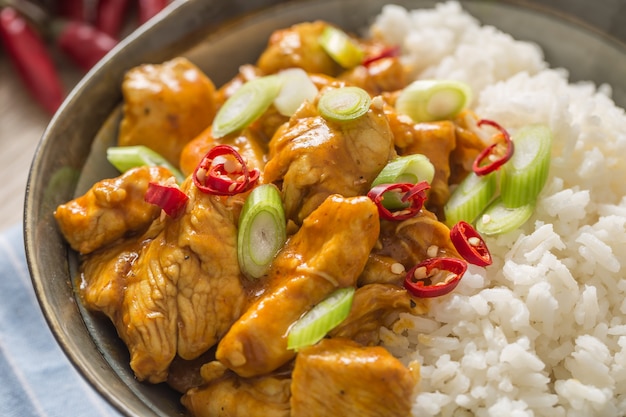 Chili de riz au curry de poulet et jeune oignon dans un bol.