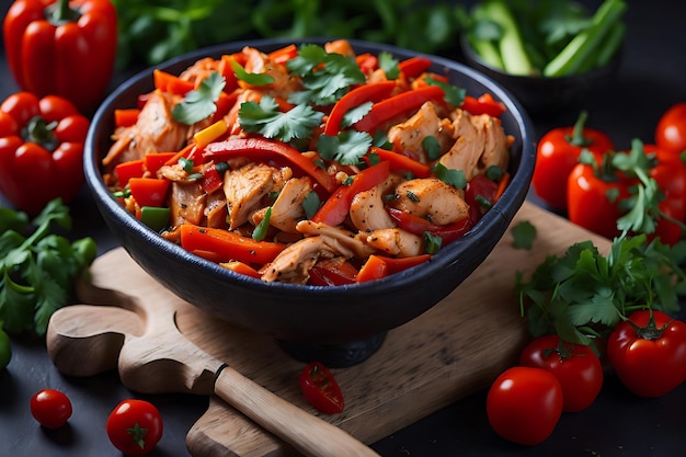 Chili sauté au poulet avec tomates et carottes au poivron