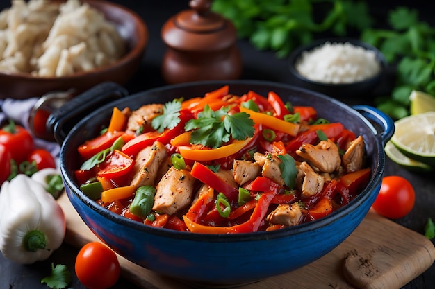 Chili sauté au poulet avec tomates et carottes au poivron