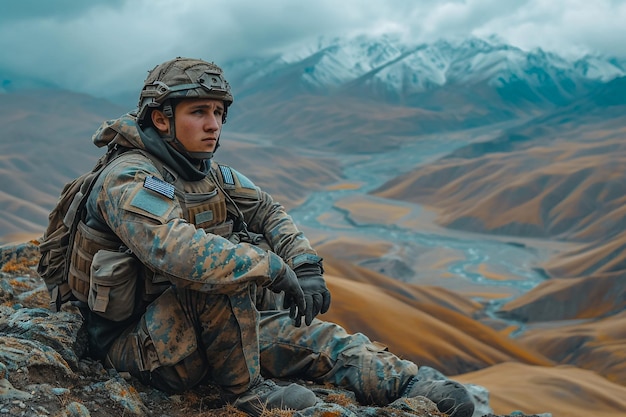 Photo chilliwack colombie-britannique canada 5 octobre 2019 homme en uniforme tactique et mitrailleuse dans les montagnes extérieures pendant la saison d'automne.