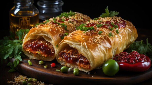 Chimichanga farce de légumes et de viande avec des légumes hachés sur une table en bois