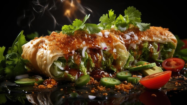 Chimichanga légumes farcis et viande avec légumes hachés sur une table en bois